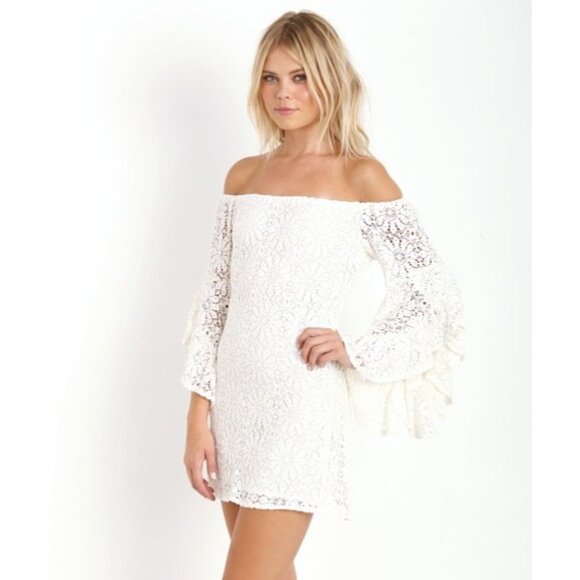 Jens Pirate Booty Romantic Boho Pink French Lace Bardot Dress W/ Flowy Sleeves - Picture 1 of 11